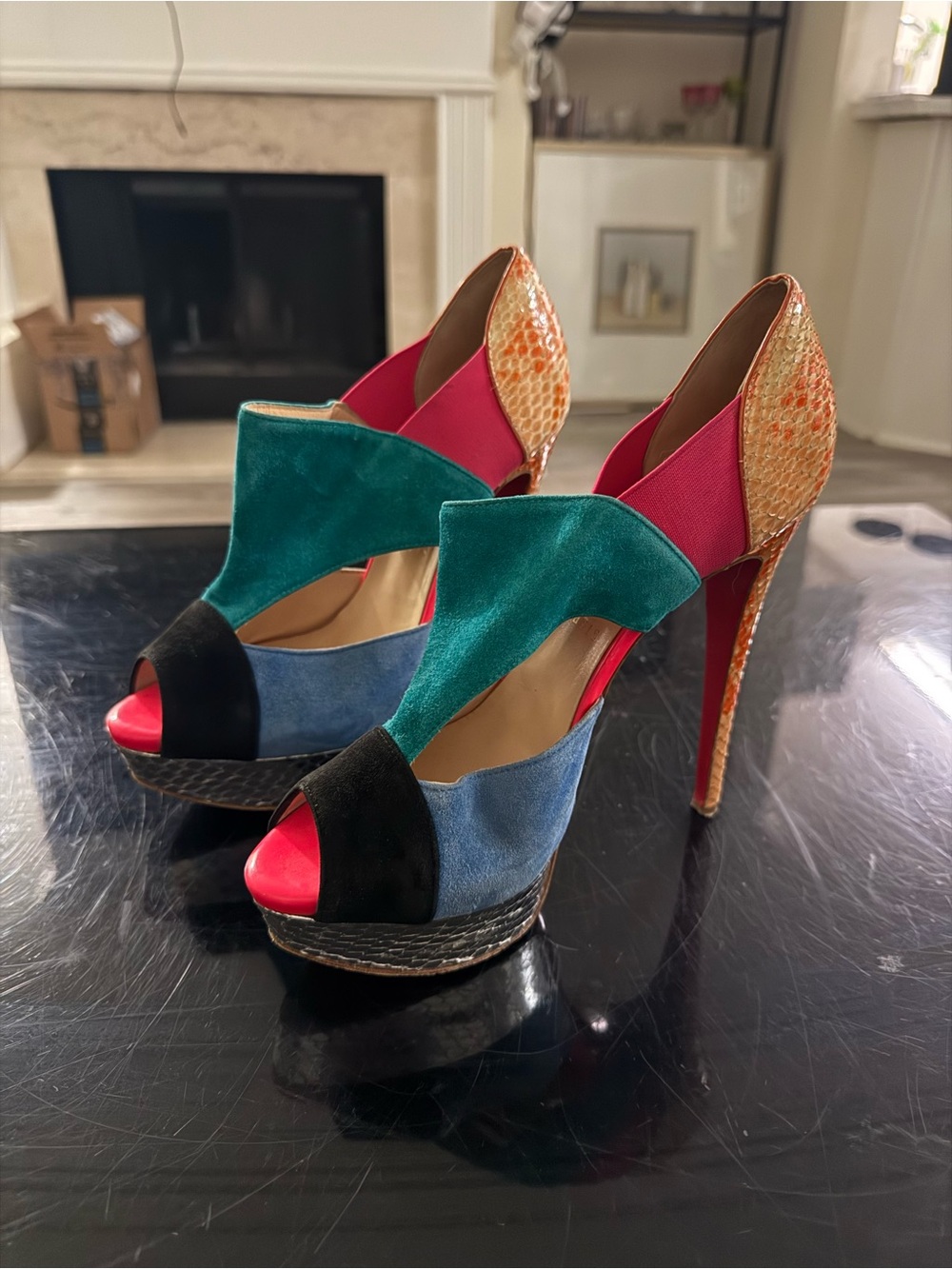 Christian Louboutin Multicolor Suede & Python Pitou Cut Out Pumps 37.5  Italy